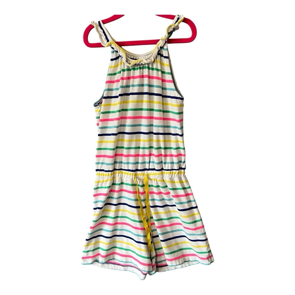 Mini Boden Romper Girls Size 9-10Y  Bright Stripes Ruffle Neckline Cinch Waist